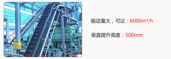 大傾角帶式輸送機輸送量大，可達：6000m³/h，垂直提升高度：500mm